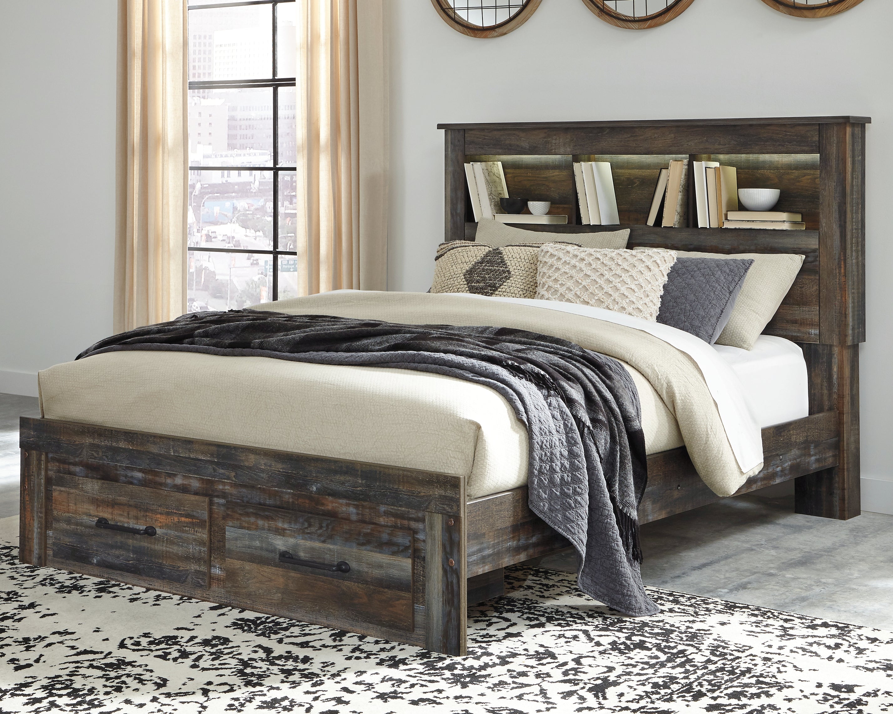 Orleans Furniture - Ashley Furniture - Drystan Bedroom - Queen Bookcase Bed with 2 Storage Drawers / Multi - B211B23