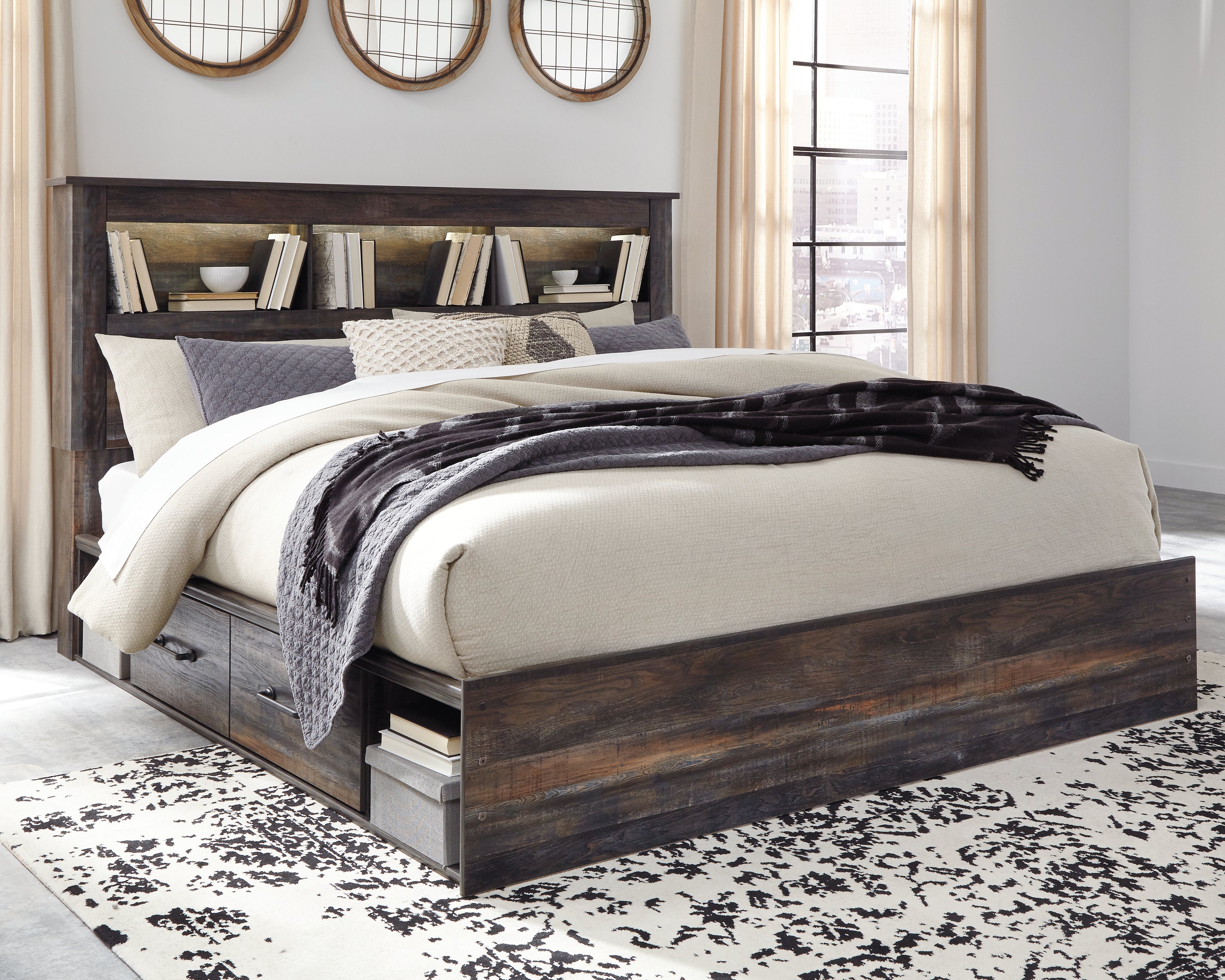 Orleans Furniture - Ashley Furniture - Drystan Bedroom - King Bookcase Bed with 4 Storage Drawers / Multi - B211B52