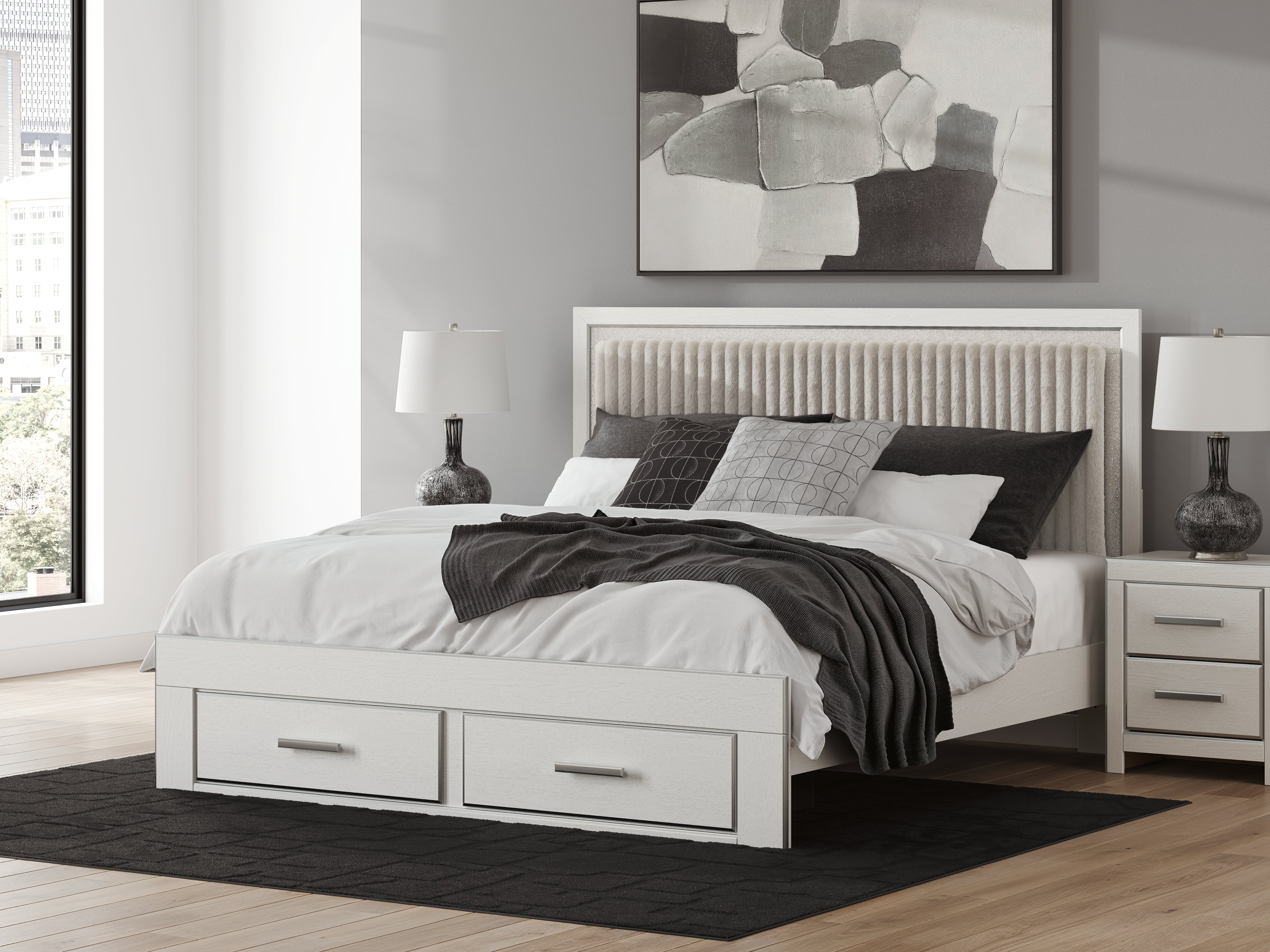 Orleans Furniture - Ashley Furniture - Zuraleus Bedroom - King Upholstered Panel Storage Bed / White - PCB3381B9