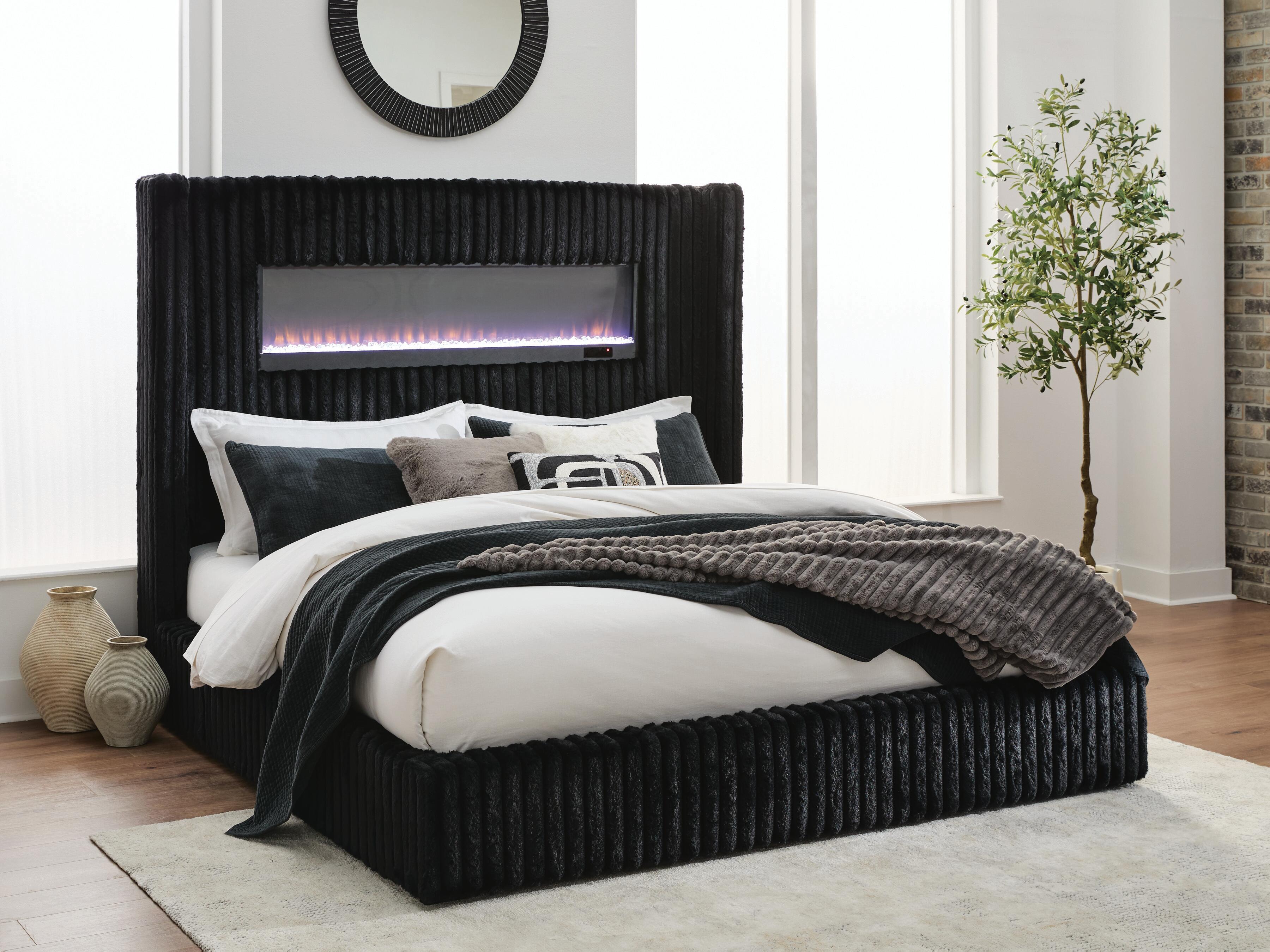 Orleans Furniture - Ashley Furniture - Tayleena Bedroom - Queen Upholstered Bed with Fireplace and Wireless Audio / Black - PCB620B1