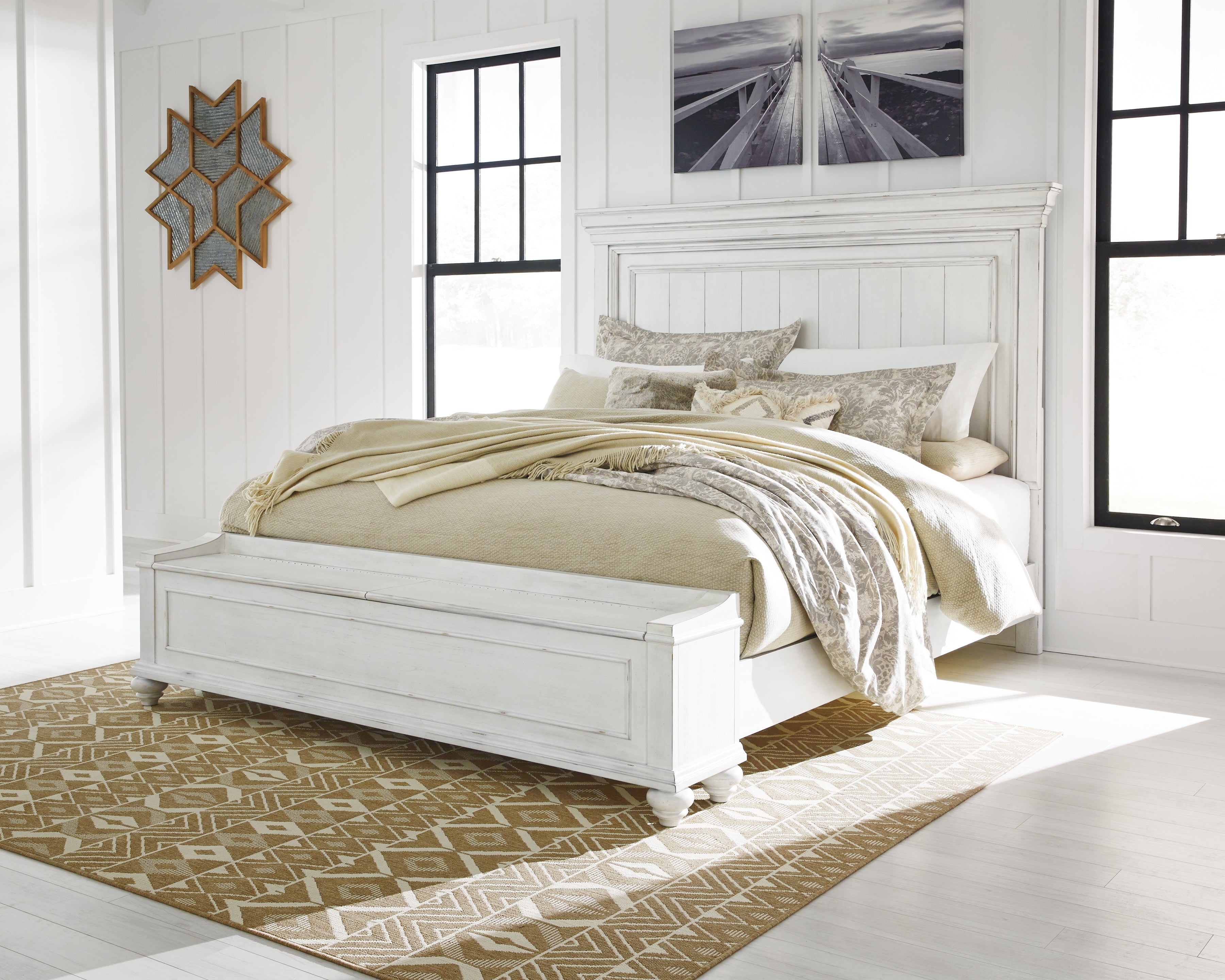Orleans Furniture - Ashley Furniture - Kanwyn Bedroom - California King Panel Bed with Storage Bench / Whitewash - B777B12