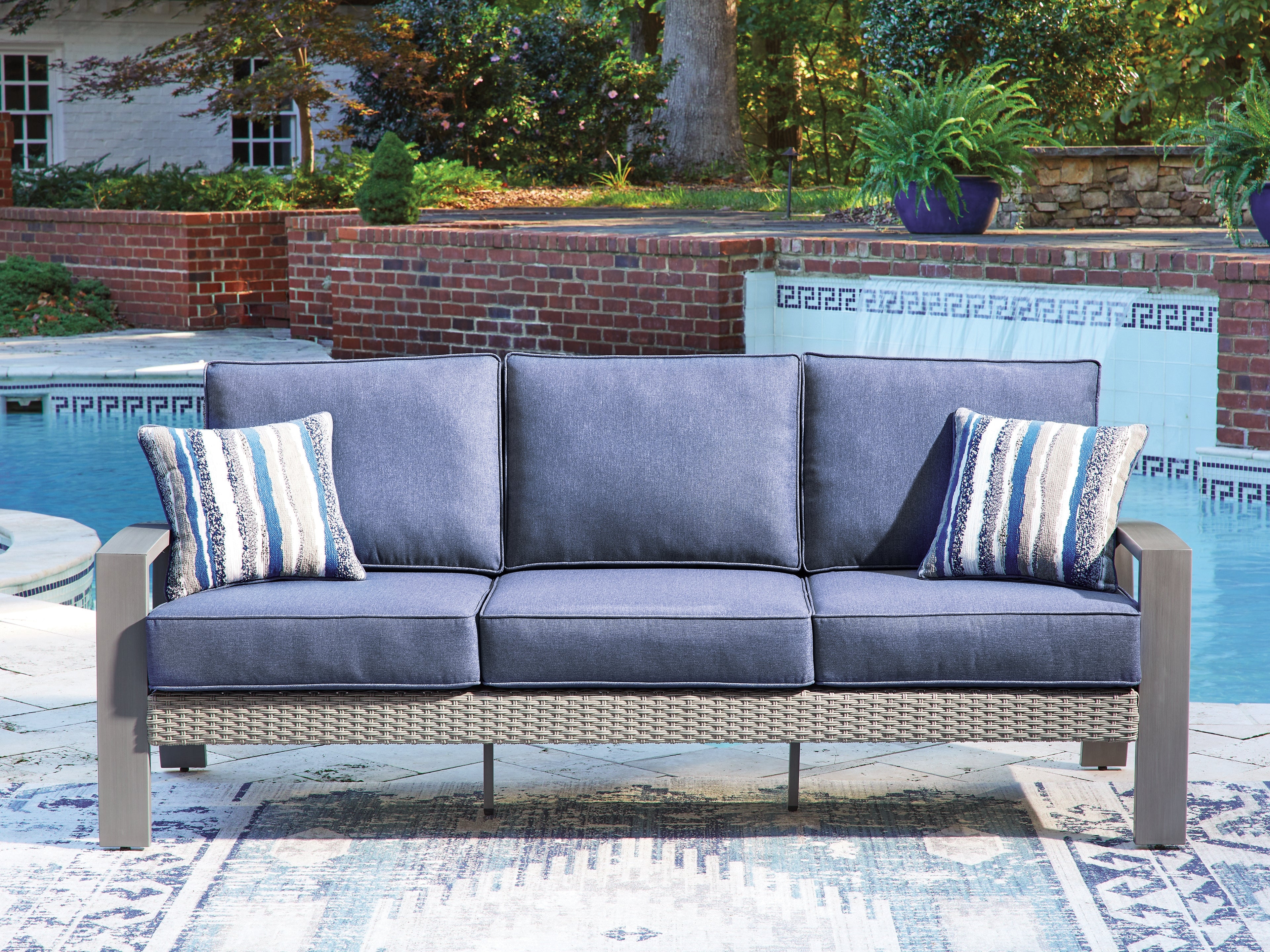 Orleans Furniture - Ashley Furniture - Half Moon Beach Outdoor - Sofa with Cushion / Blue/Gray - PCP418-838