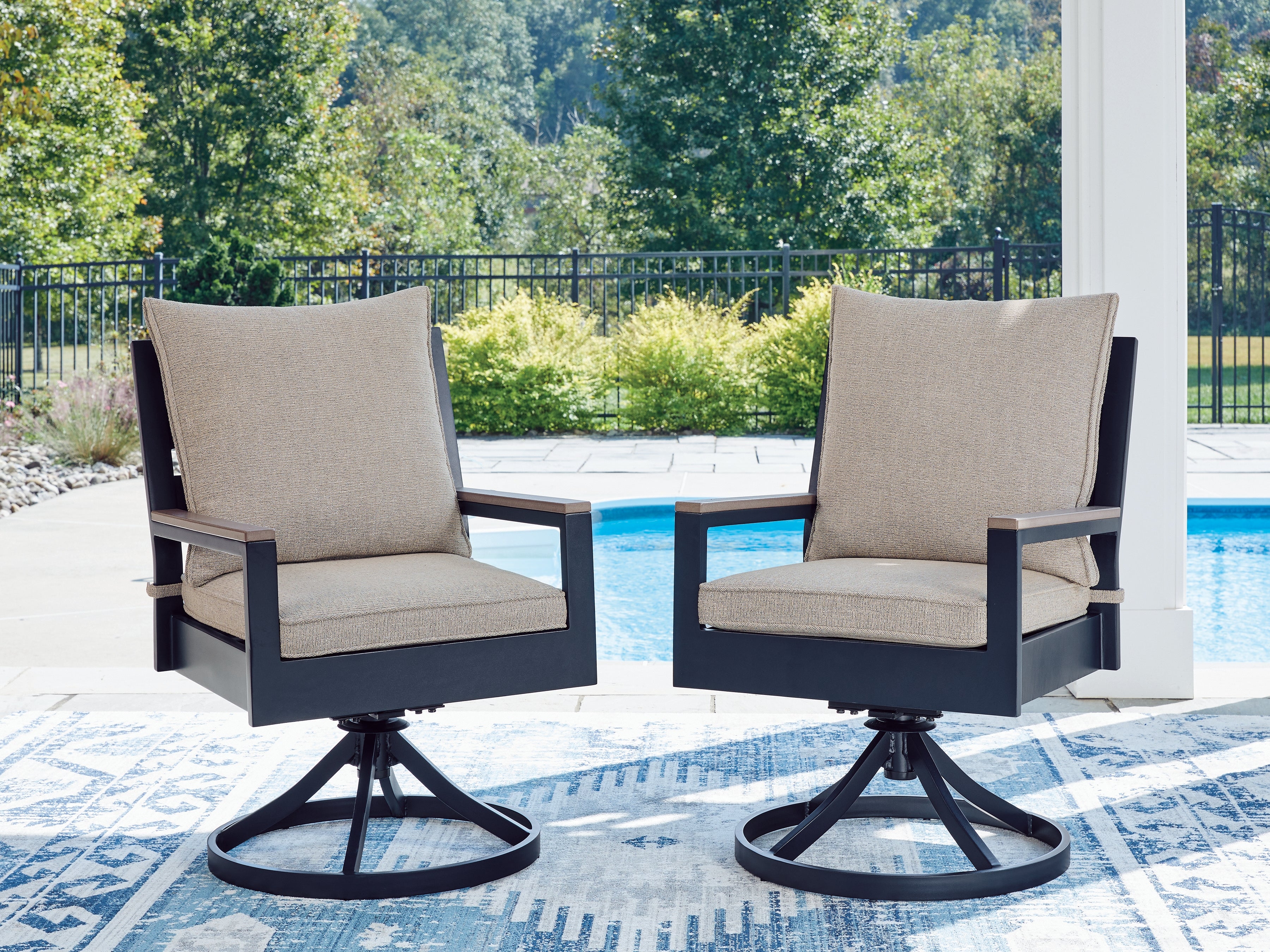 Orleans Furniture - Ashley Furniture - East Beach Outdoor - Swivel Chair w/Cushion (Set of 2) / Navy Blue/Driftwood - PCP587-602A