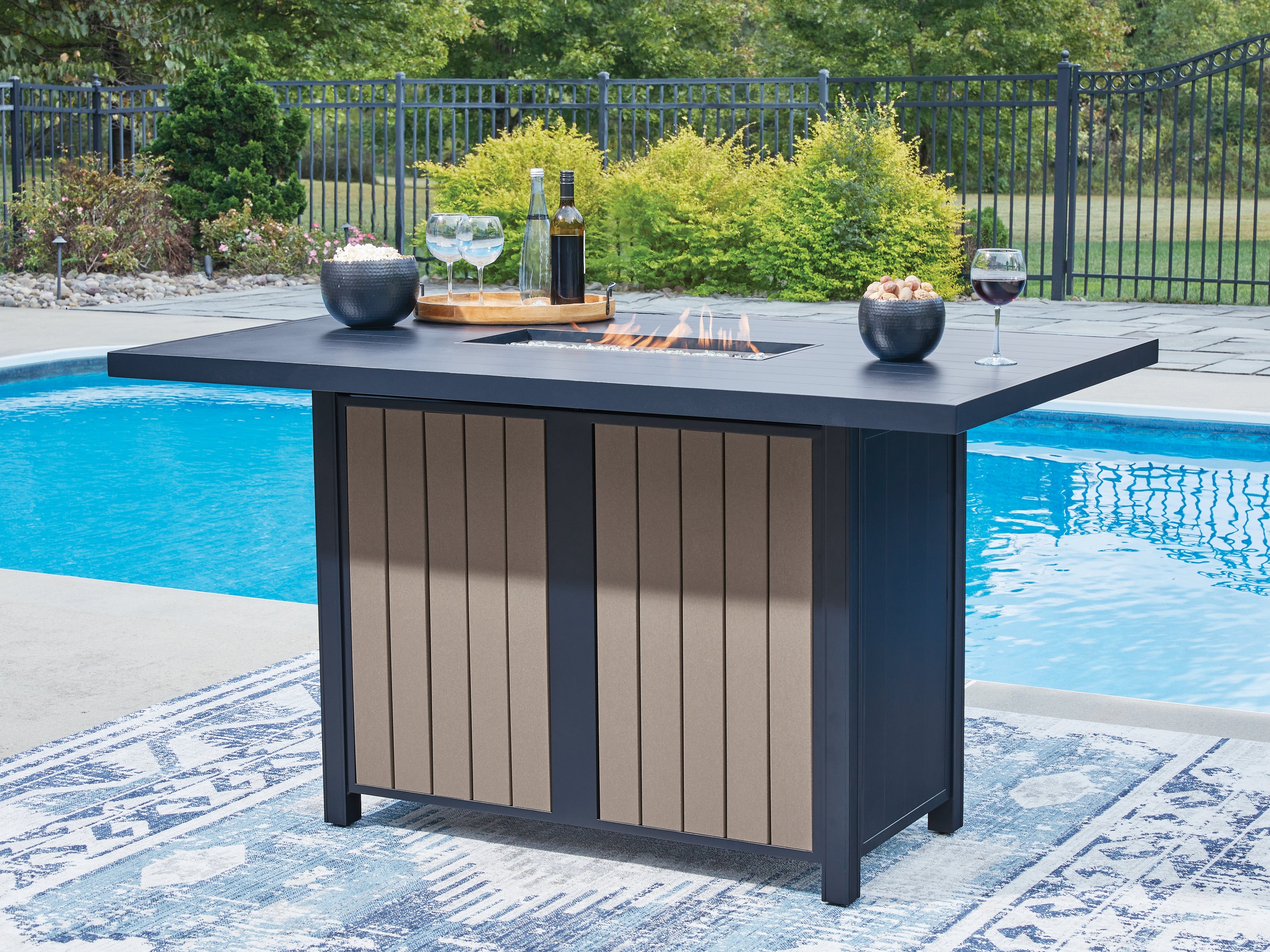 Orleans Furniture - Ashley Furniture - East Beach Outdoor - RECT Bar Table w/Fire Pit / Navy Blue/Driftwood - PCP587-665