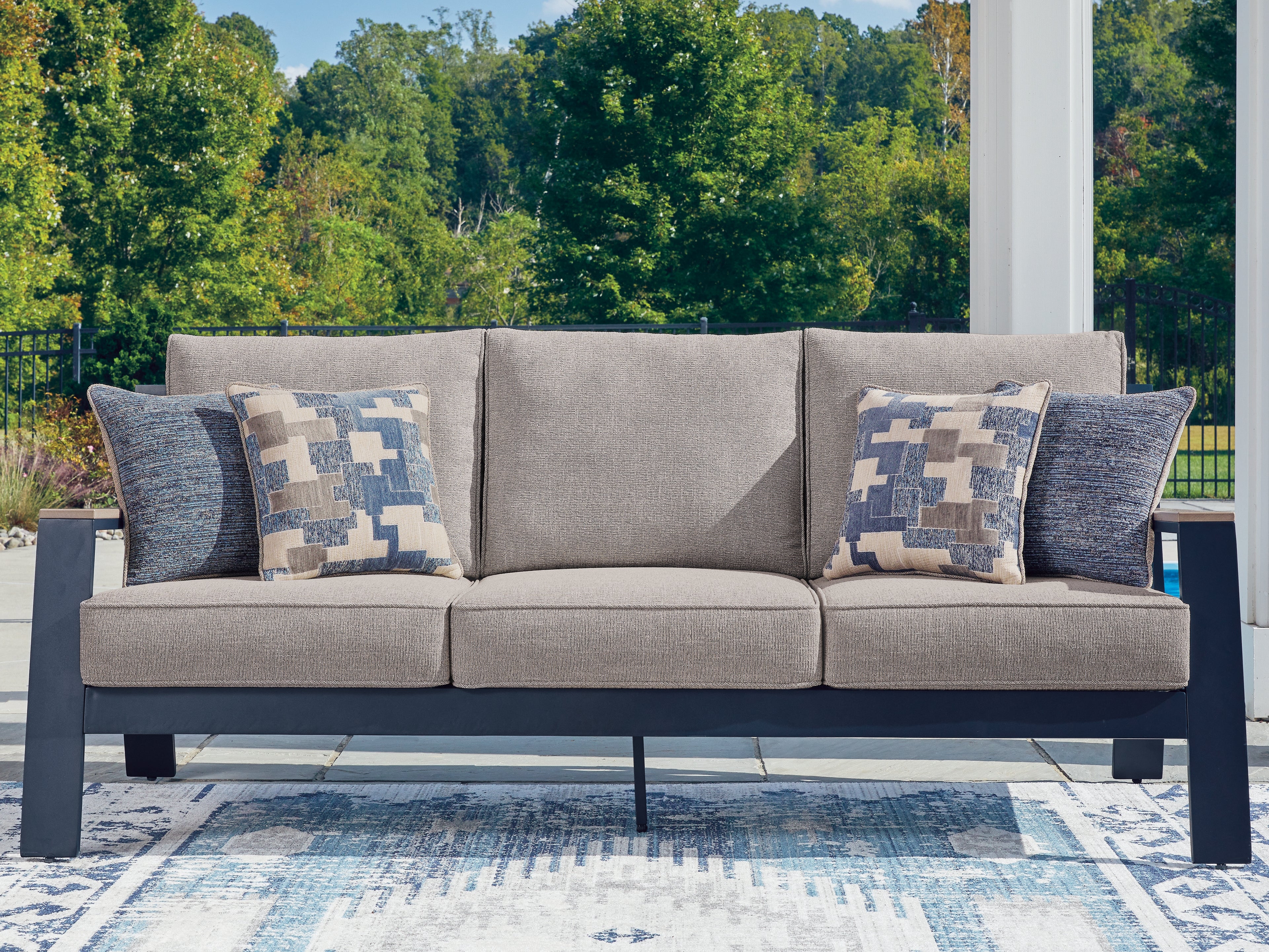 Orleans Furniture - Ashley Furniture - East Beach Outdoor - Sofa with Cushion / Navy Blue/Driftwood - PCP587-838