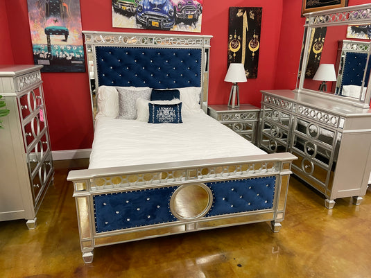 Amira Blue Bed with Dresser Mirror and Nightstand
